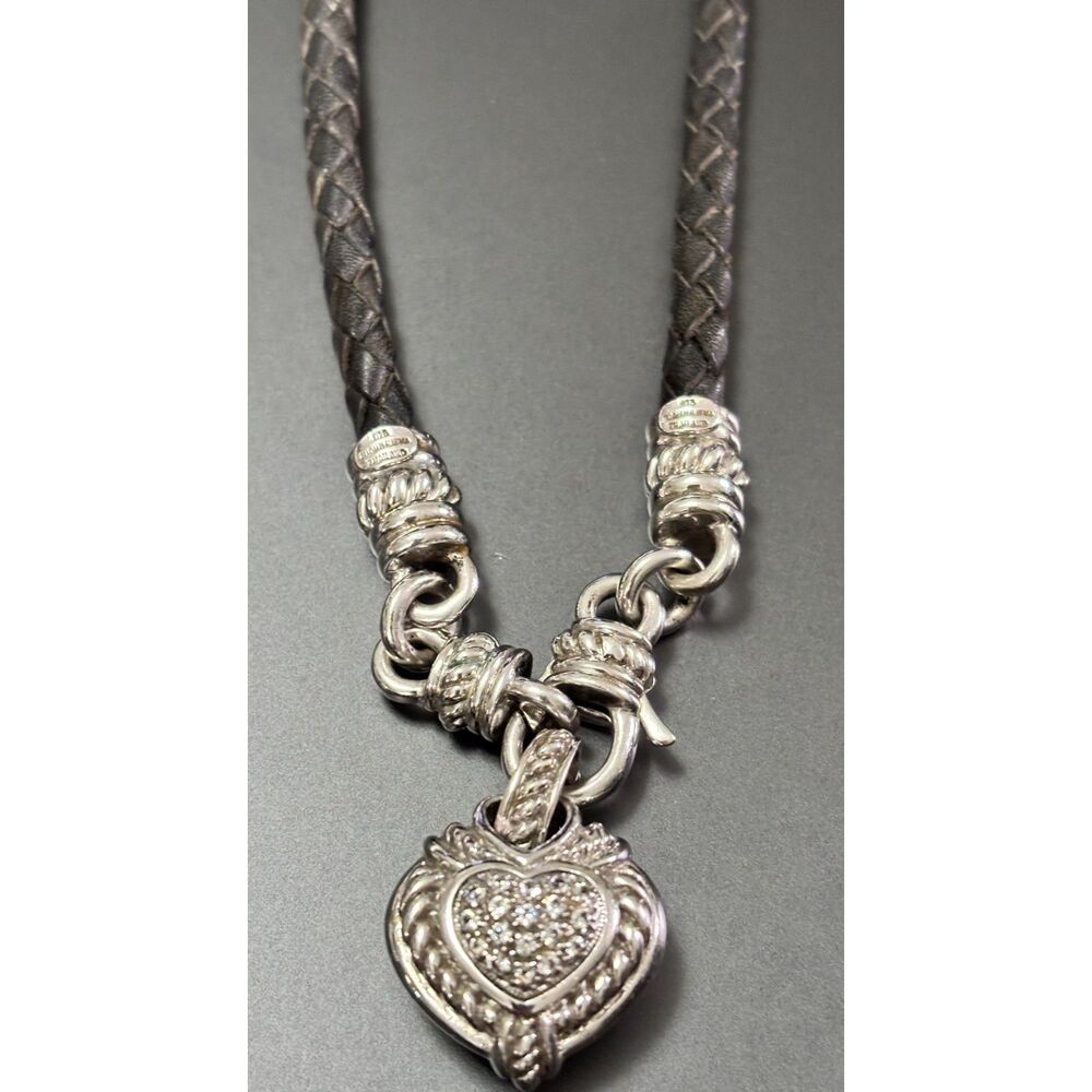 Judith Ripka Sterling Silver & Braided Leather Reversible Heart Necklace - Picture 2 of 5